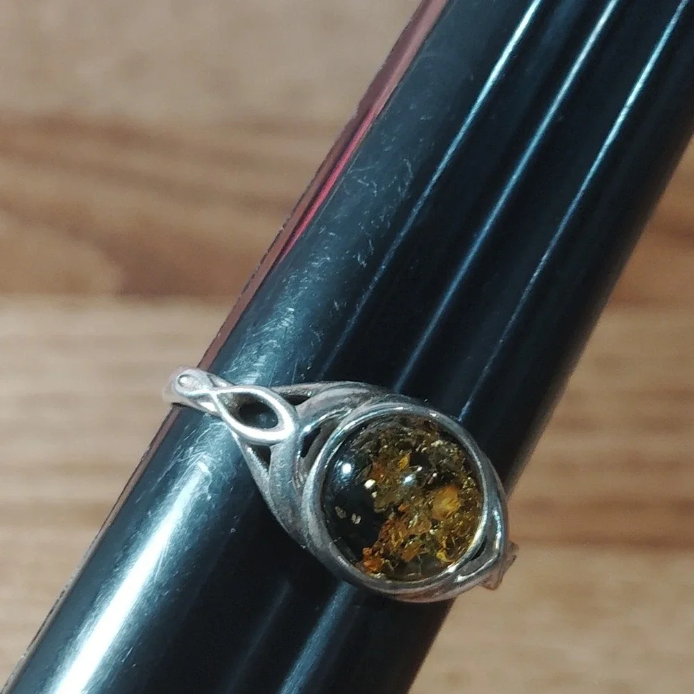 Round Green BALTIC AMBER Ring 925 STERLING SILVER Sz 7